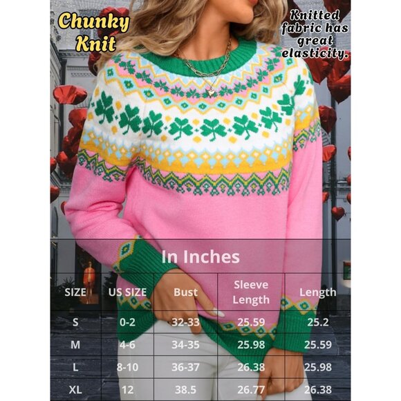 Womens Fair Isle Christmas Sweater Lucky Clover Pattern Chunky Knit Holiday Pull - Picture 6 of 7